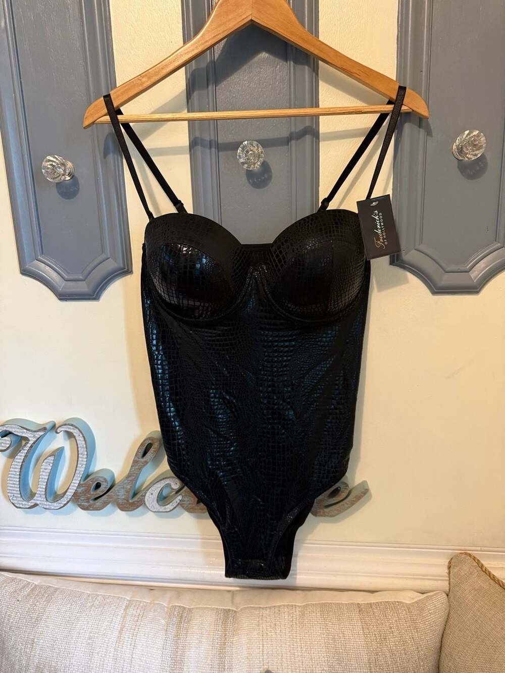 Frederick's of Hollywood Juliana Black Faux Croc Bustier Bodysuit XL KAT039